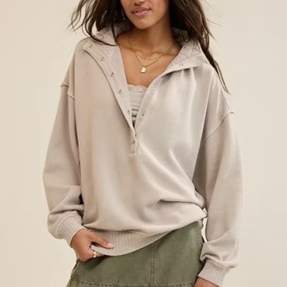 Aerie Ribbed Henley Oversized Hoodie Womens Small Tan  Cotton Pullover